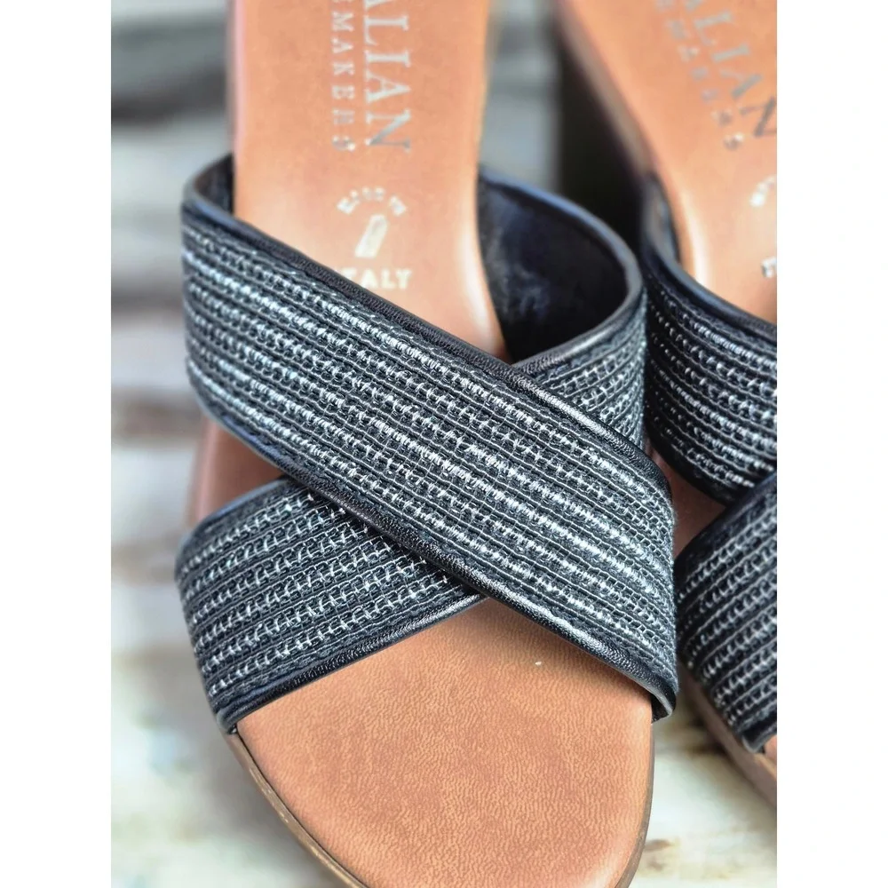 Italian Shoemakers Womens‎ Black Silver Shimmer Crisscross Wedge Sandals Size 7